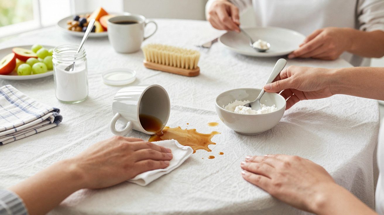 Mesa de pequeno-almoço com café entornado e pessoas a limpar, rodeadas de pratos e fruta.