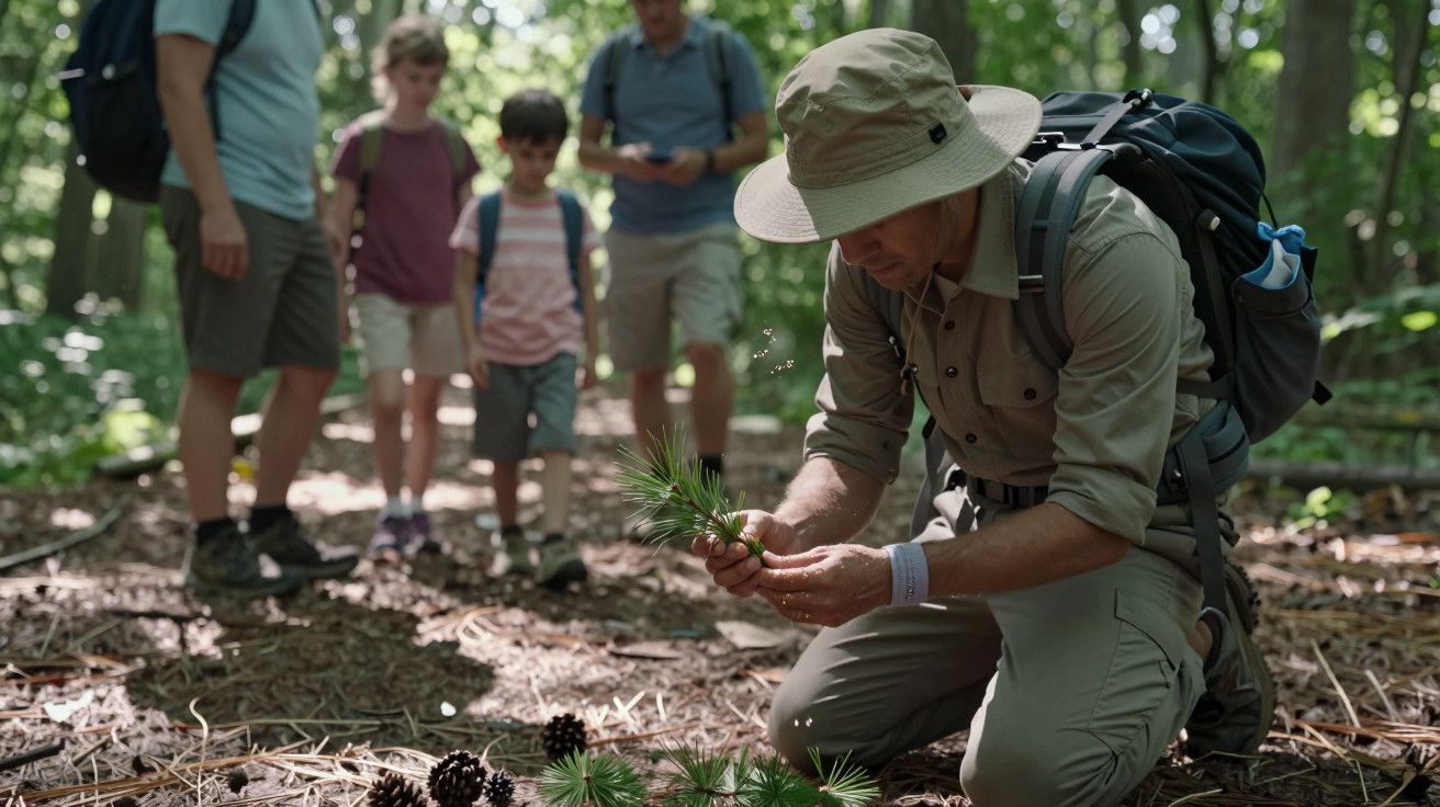 Homem ajoelhado na floresta, examinando plantas, com crianças e adultos ao fundo observando.