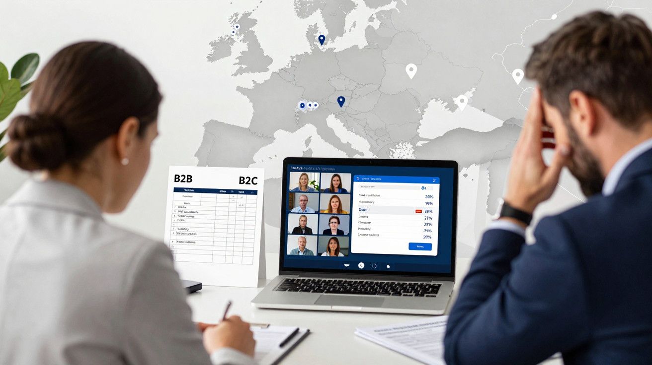 Reunião online em laptop com mapa ao fundo; duas pessoas sentadas de costas, documentos sobre a mesa.