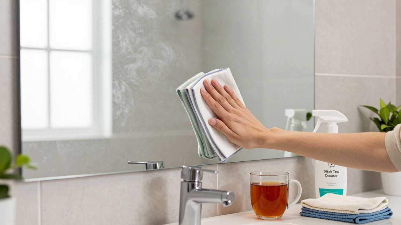Pessoa a limpar espelho com pano numa casa de banho; chá e produtos de limpeza sobre a bancada.
