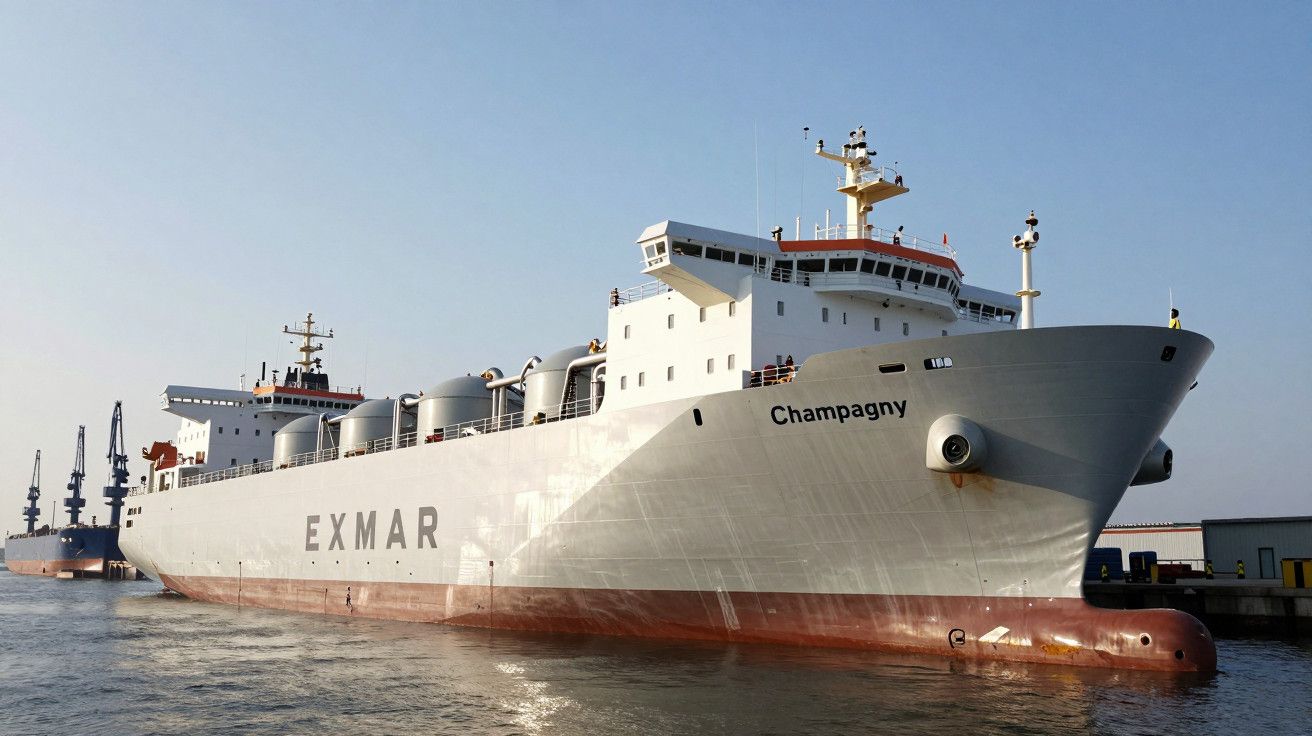 Navio de carga "Champagny" atracado no porto, céu claro e gruas ao fundo.