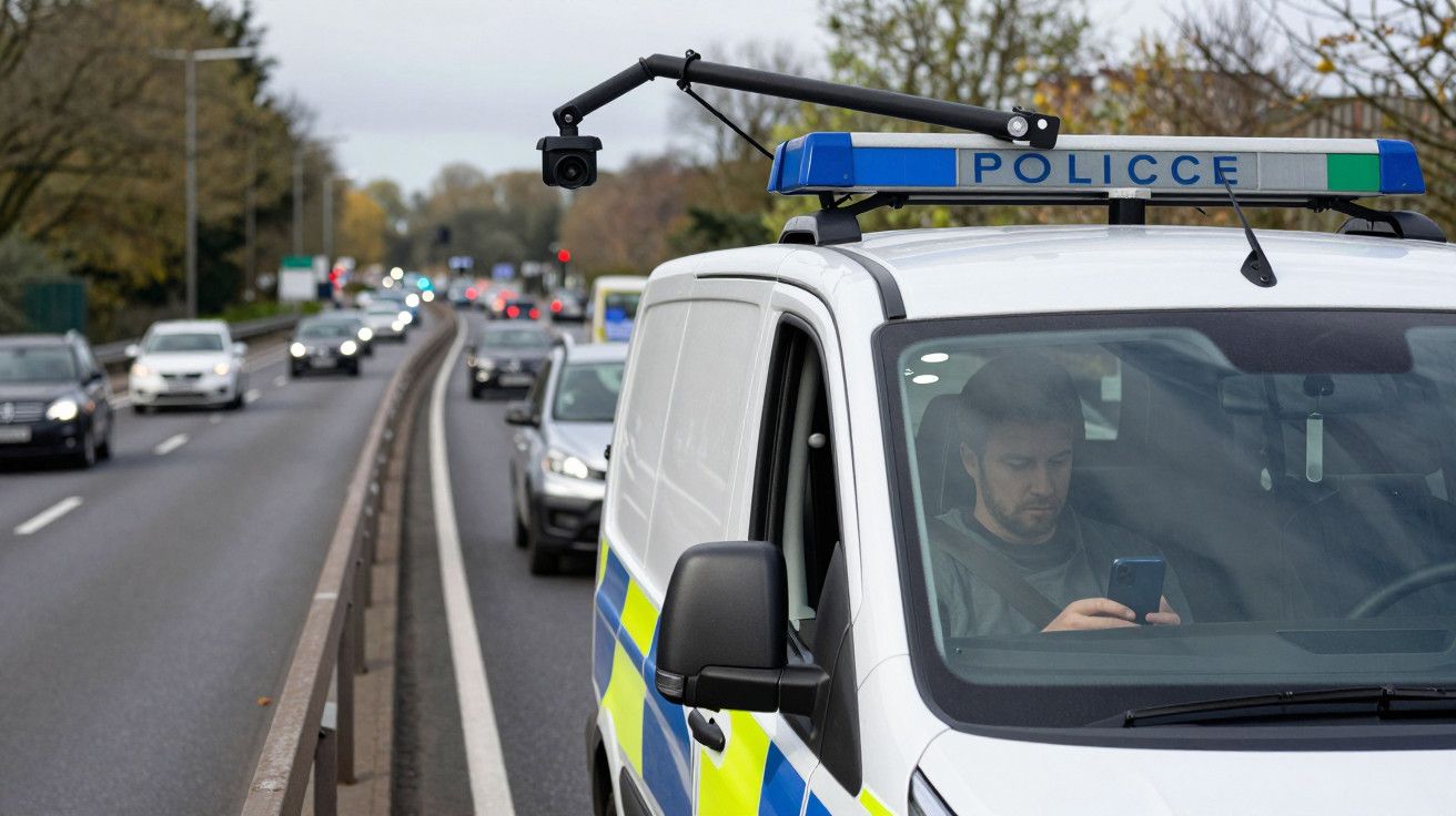 Carrinha da polícia com câmara no teto, homem ao volante a utilizar o telemóvel. Tráfego em estrada movimentada.