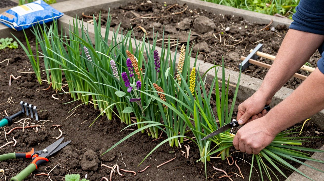 Pessoa a cortar folhas num canteiro com flores coloridas e ferramentas de jardinagem ao lado.