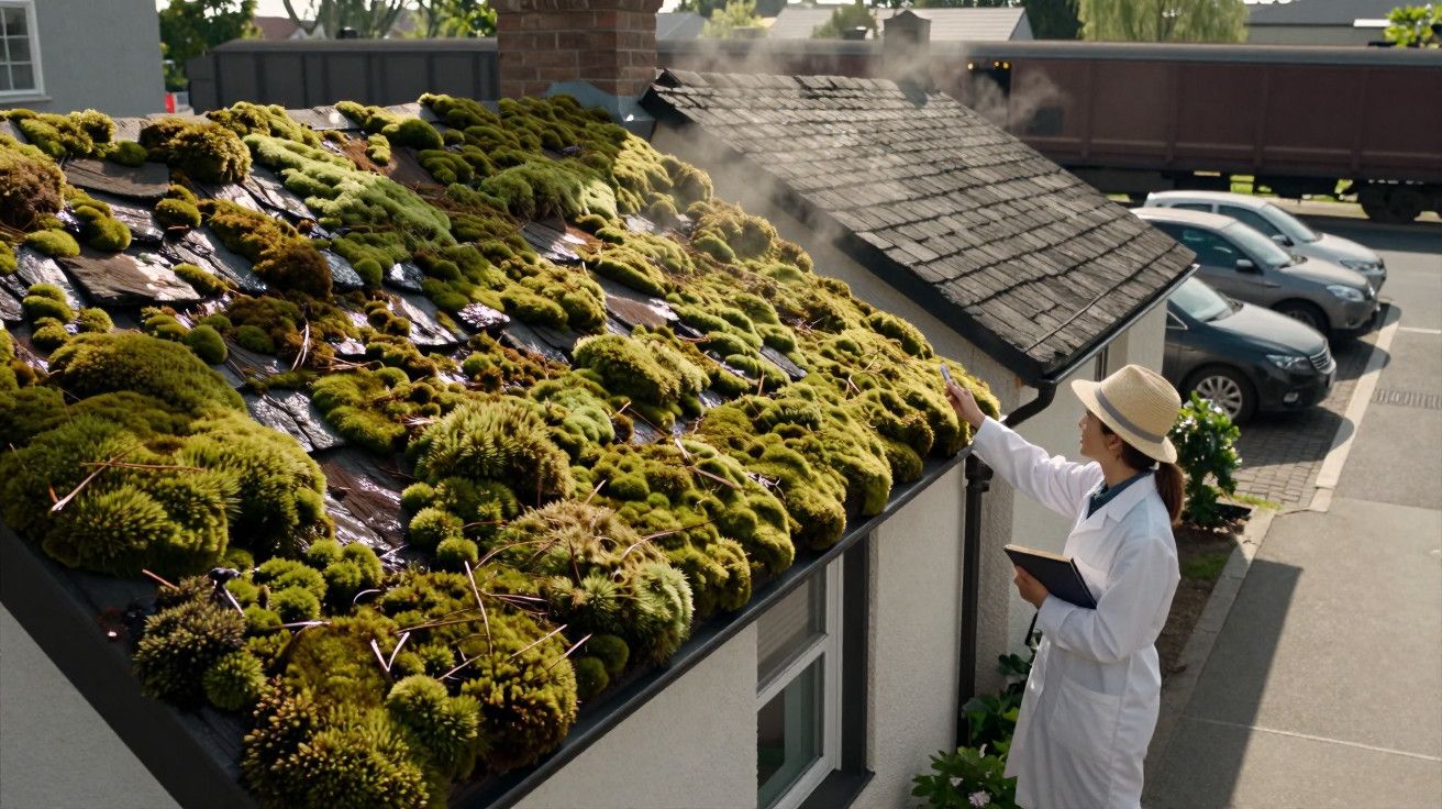 Pessoa de chapéu estuda telhado coberto de musgo, segurando um tablet. Carros estacionados ao fundo.