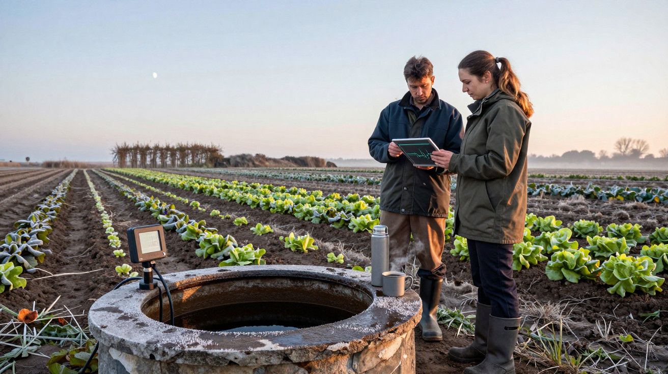 Dois agricultores analisam dados num tablet junto a uma horta em filas.