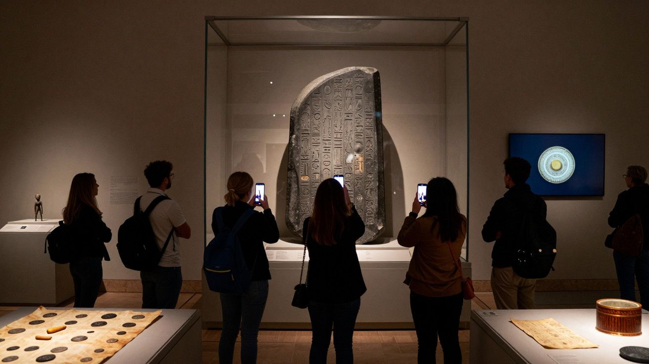 Visitantes observam a Pedra de Roseta exposta num museu, tirando fotos com os seus telemóveis.