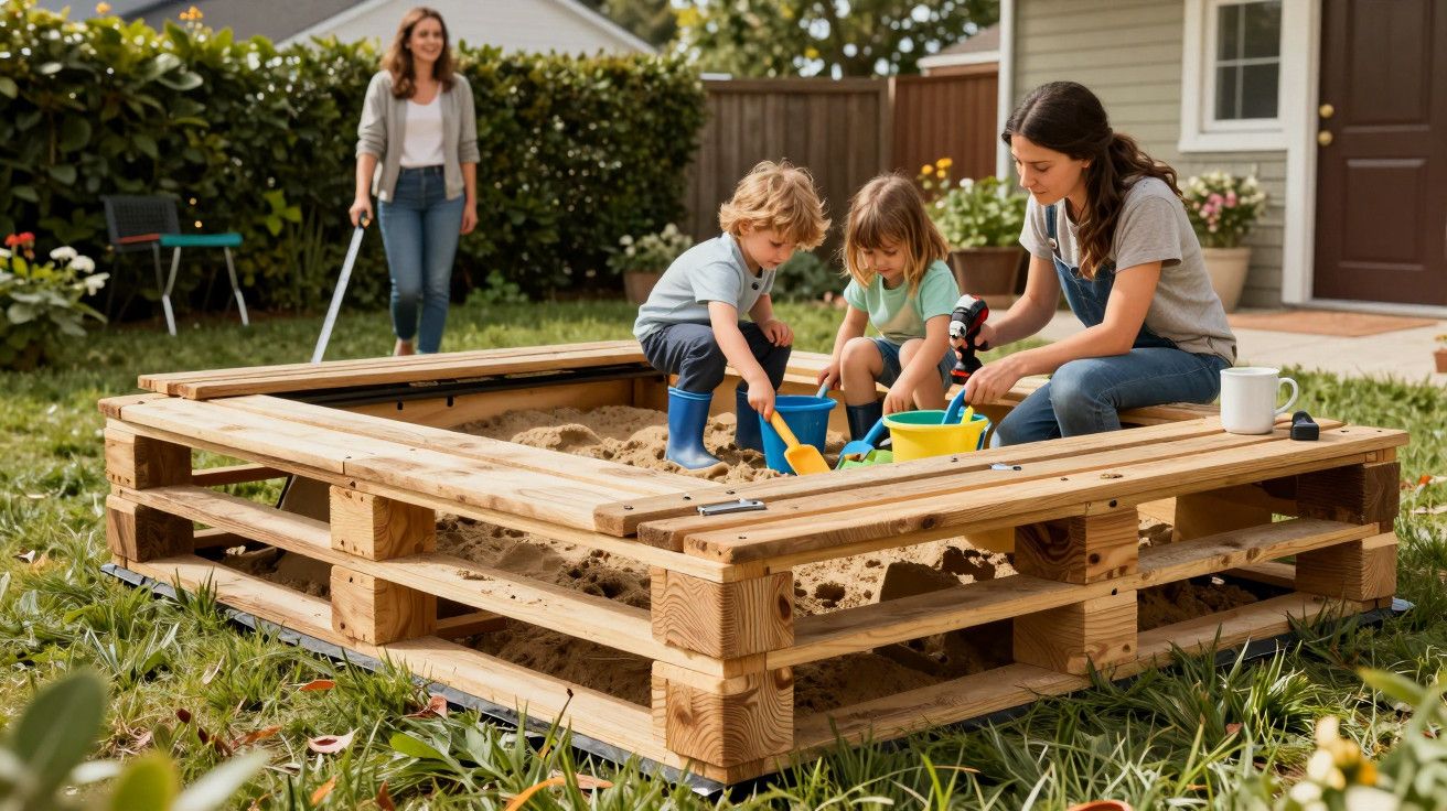 Duas crianças e uma mulher brincam numa caixa de areia no jardim, enquanto outra mulher observa ao fundo.