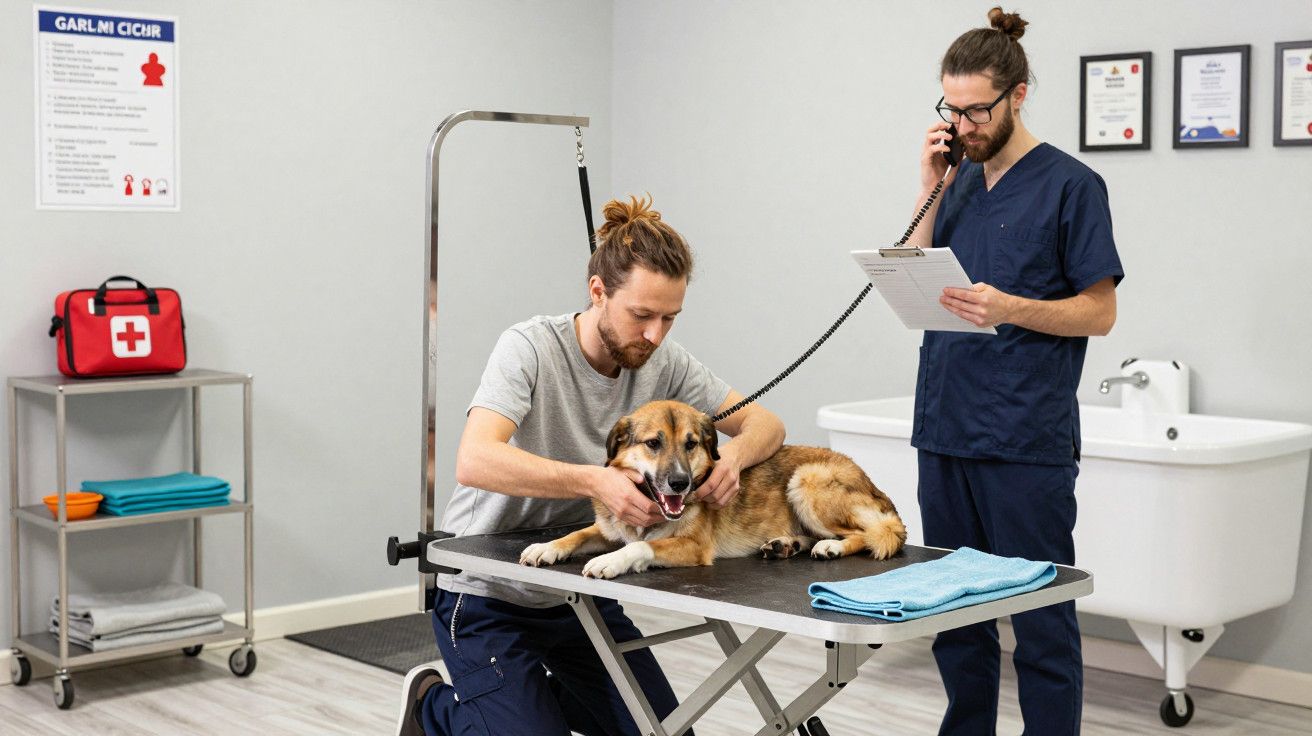 Veterinário examina cão numa mesa enquanto outro profissional fala ao telefone numa clínica veterinária.
