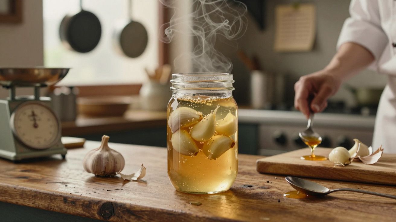 Frasco com dentes de alho em mel sobre uma bancada de cozinha, com utensílios e balança ao fundo.