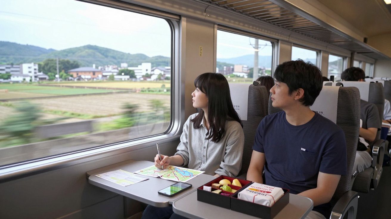 Passageiros num comboio, observando a paisagem rural. Mulher com mapa, maçãs e bebida na mesa.