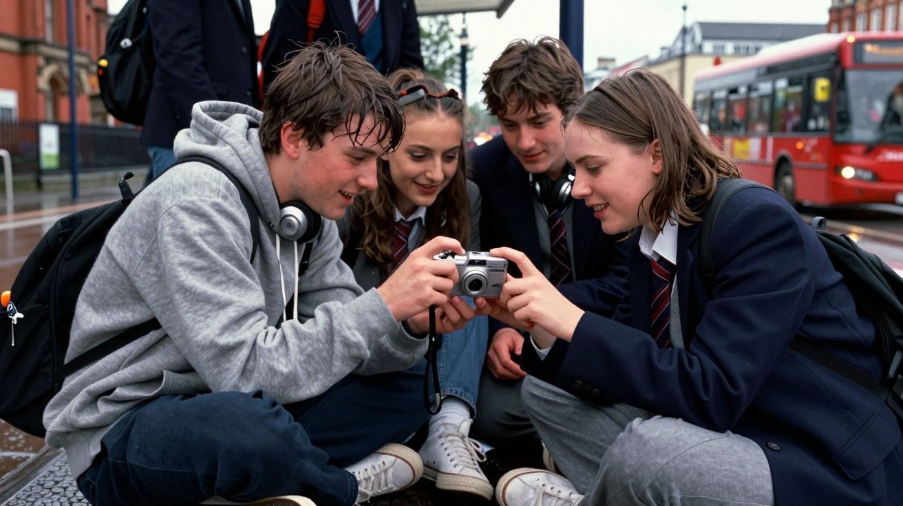 Quatro jovens de uniforme escolar olham juntos para uma câmara digital na rua perto de um autocarro vermelho.