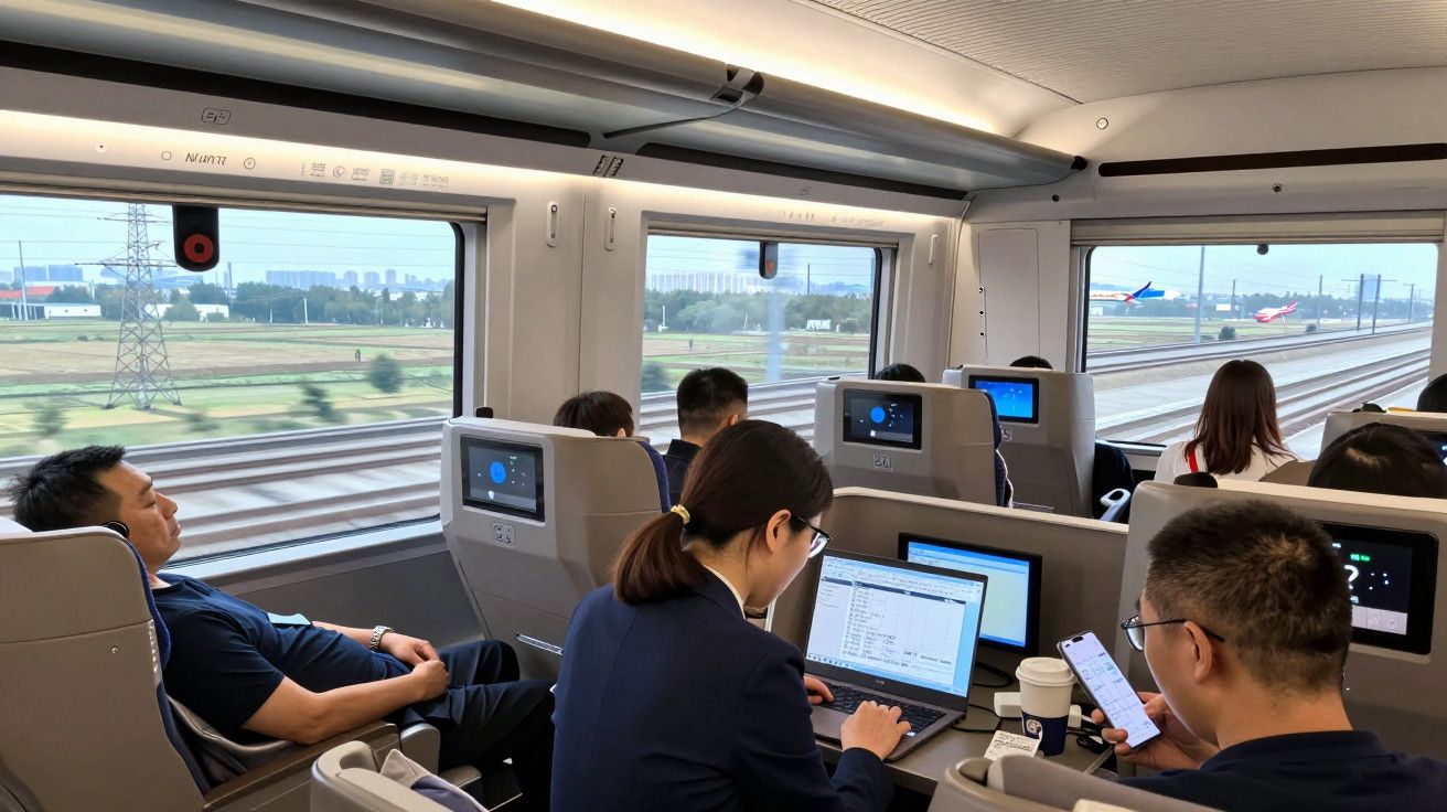 Passageiros num comboio de alta velocidade, alguns a trabalhar em computadores e telemóveis, outros a relaxar.