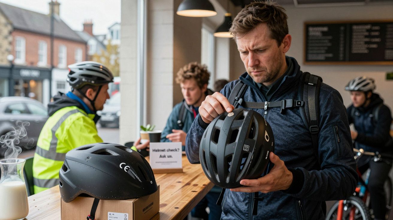 Homem inspeciona capacete de ciclismo numa loja, enquanto outros ciclistas conversam ao fundo.