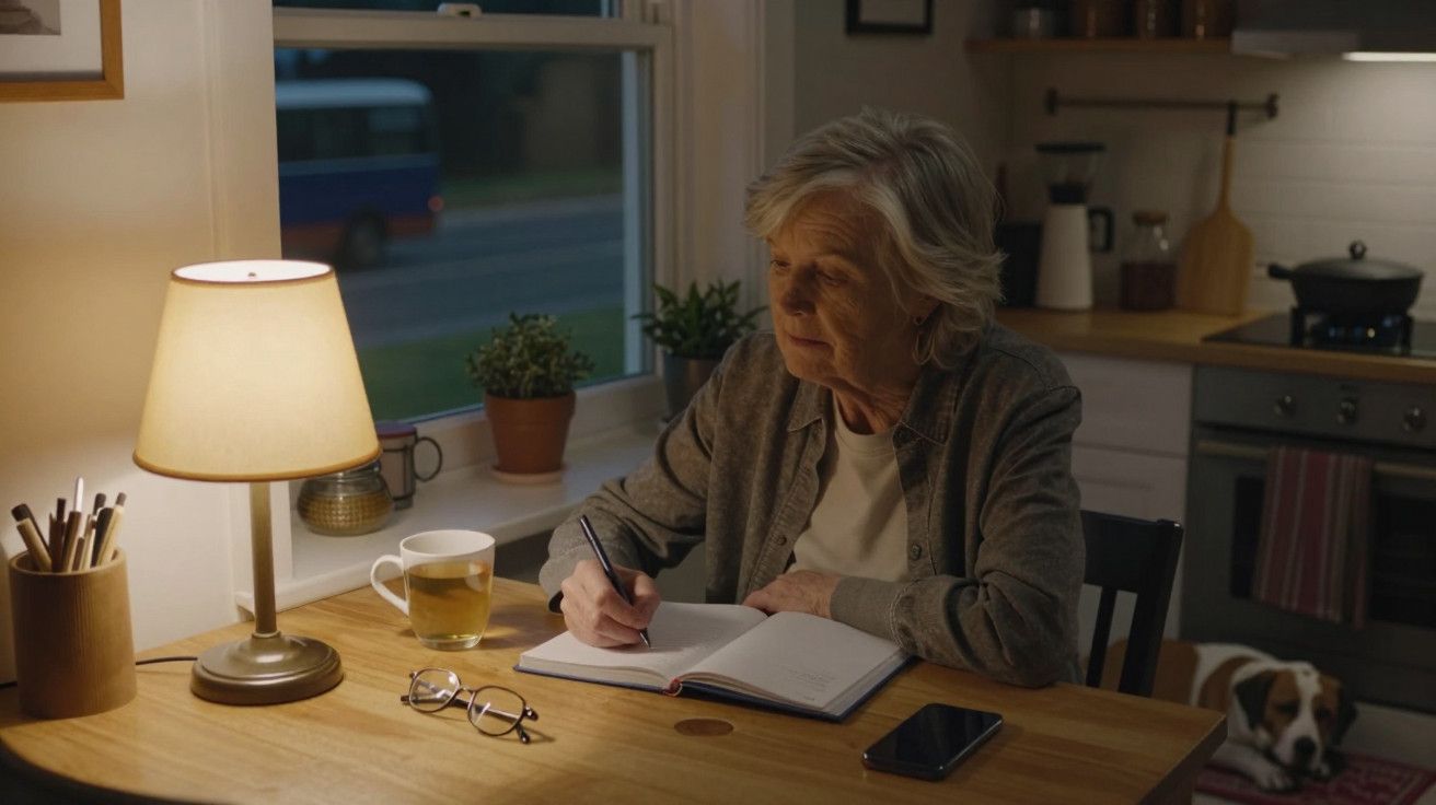 Idosa a escrever num caderno, sentada a uma mesa iluminada por um candeeiro, com chá e óculos ao lado.