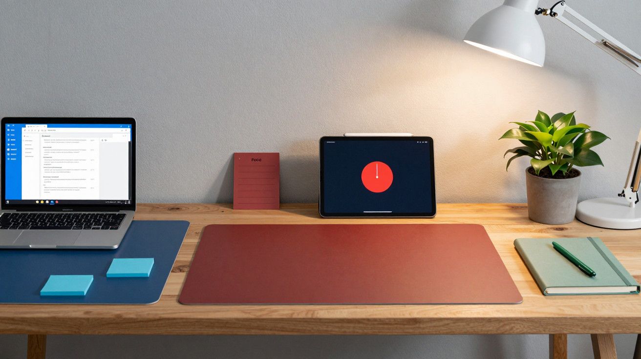 Secretária com portátil, tablet, bloco de notas, planta e candeeiro sob luz suave.