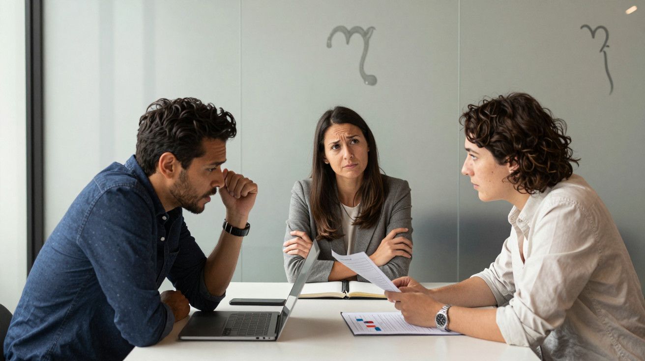 Três pessoas numa reunião, olhando papéis e um portátil numa mesa branca com fundo de parede de vidro.