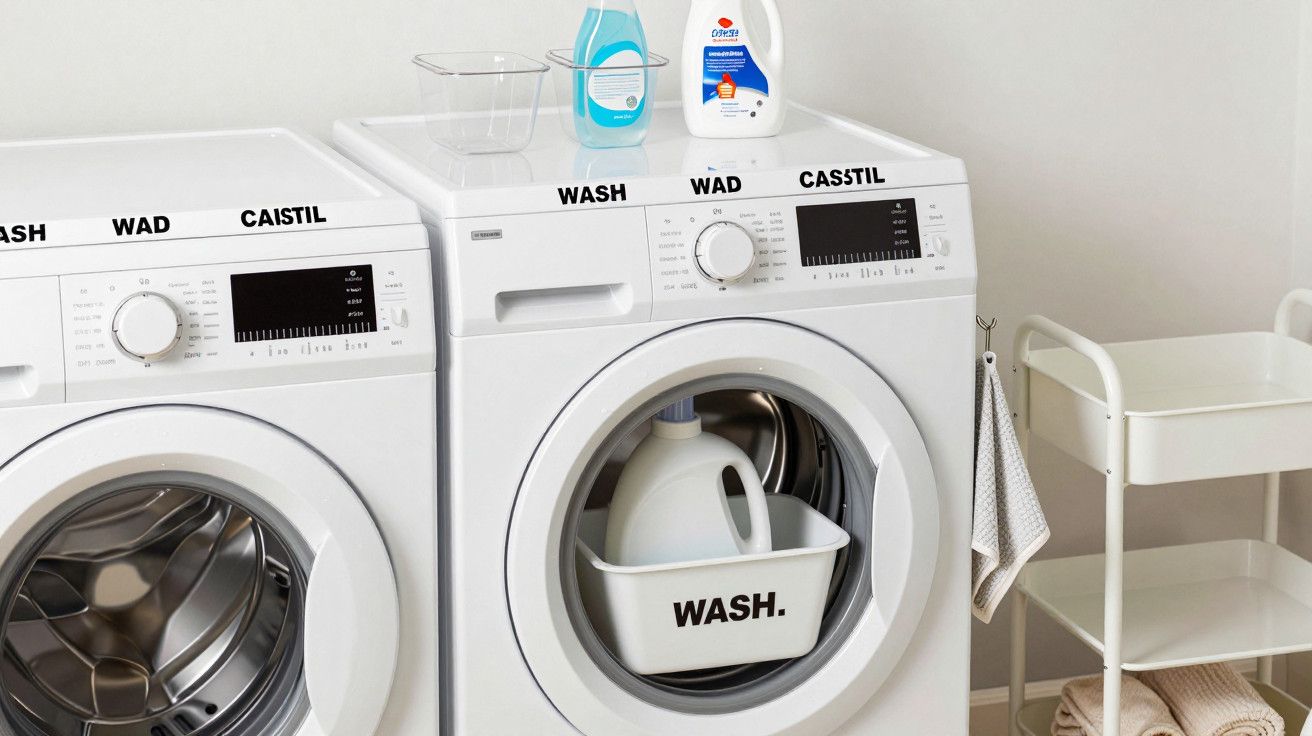 Máquinas de lavar roupa brancas com detergentes em cima e cesto com garrafa no tambor aberto da máquina da direita.