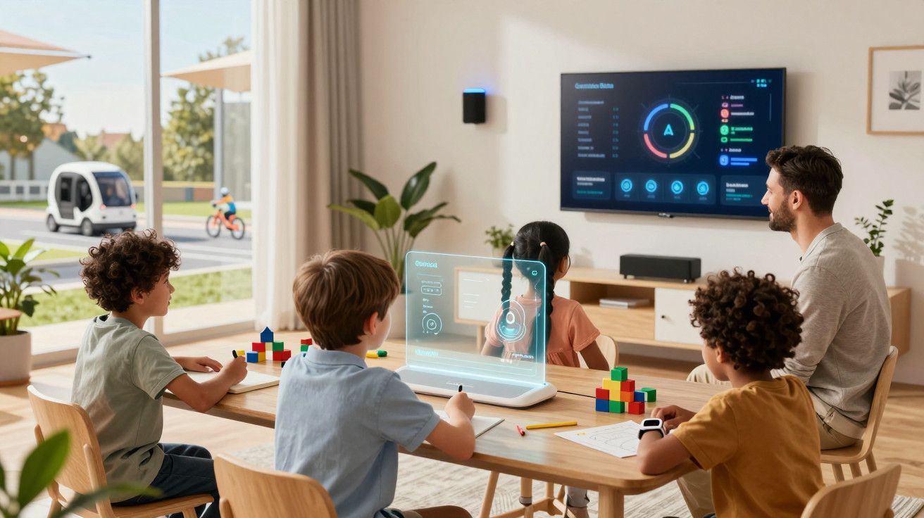 Crianças e adulto usam ecrãs interativos numa sala com janelas grandes. Na parede, uma TV mostra gráficos coloridos.