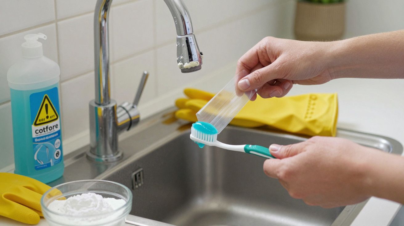 Pessoa a limpar a torneira com uma escova de dentes ao lado de produtos de limpeza e luvas amarelas na cozinha.