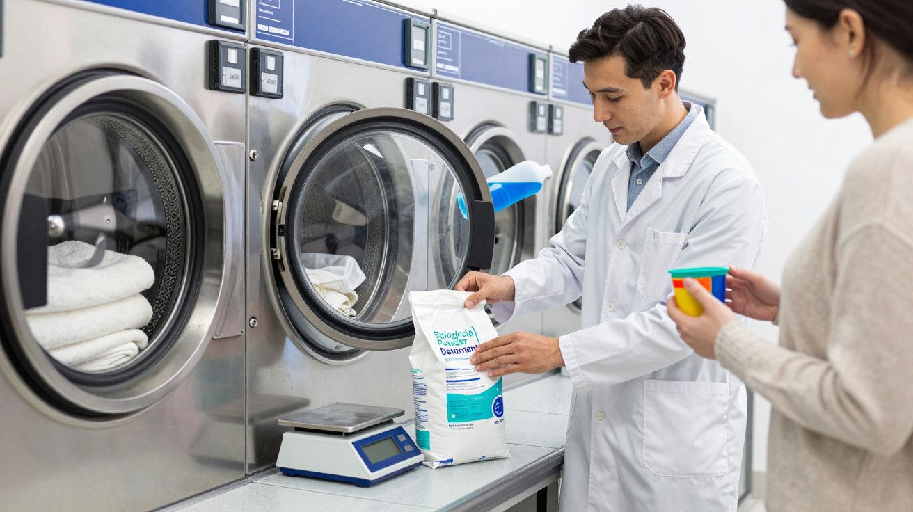Homem em laboratório pesa detergente, enquanto mulher observa. Máquinas de lavar ao fundo.